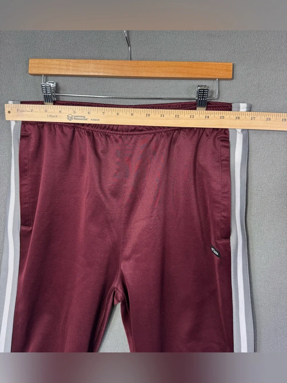 Stussy Men's Burgundy Maroon Poly Track Pants w/Side Grey + White Stripes, M